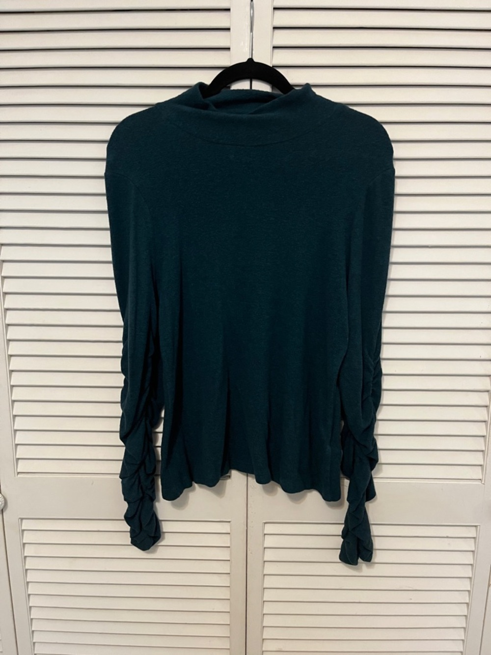 Anthropologie Teal Long-Sleeve Top with Ruched Sleeves